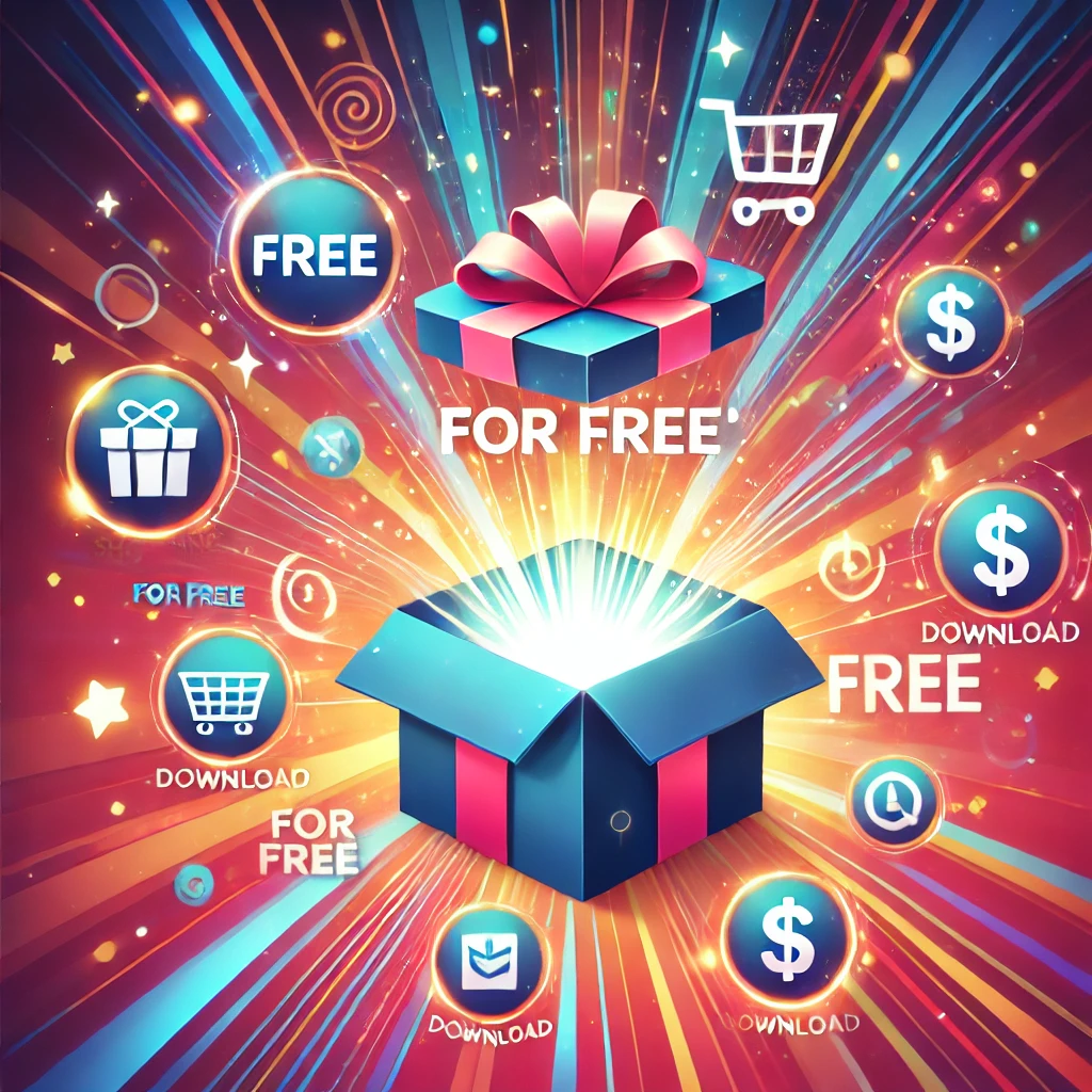 An engaging and colorful conceptual illustration depicting the concept of 'for free.' The image shows an open gift box with glowing, magical light emanating from it, surrounded by icons representing various free items like a shopping cart, a download symbol, and a dollar sign crossed out. The background is vibrant with dynamic motion lines, giving a sense of excitement and energy. The overall theme emphasizes generosity, value, and accessibility, using a modern and cheerful art style.